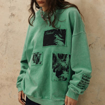 CUS2412H119 Dark Style Applique Washed Retro Long Sleeve Sweatshirt | Dark Street Style | Streetwear Sweatshirt Manufacturer