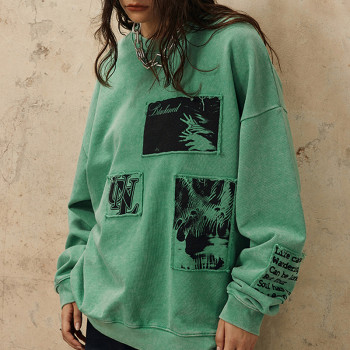 CUS2412H119 Dark Style Applique Washed Retro Long Sleeve Sweatshirt | Dark Street Style | Streetwear Sweatshirt Manufacturer