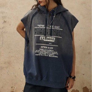 CUS2412H126 Custom Vintage Style Washed Hooded Sleeveless Sweatshirt | Dark Street Style | Streetwear Sweatshirt Manufacturer