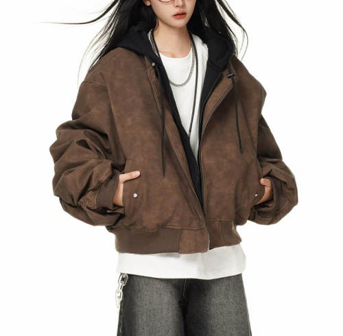 CUS2412060-MY8011 Vintage Washed Fake Two Hooded Bomber Jackets Winter Coats | Vintage Street Style | China Jacket Manufacturer | Support OEM/ODM