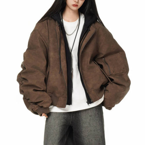 CUS2412060-MY8011 Vintage Washed Fake Two Hooded Bomber Jackets Winter Coats | Vintage Street Style | China Jacket Manufacturer | Support OEM/ODM