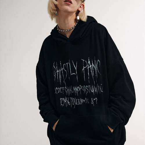 CUS250110103 Dark Street Gothic Print Basic Hoodie | Vintage Street Style | Custom Hoodie Manufacturer | 50 PCS MOQ