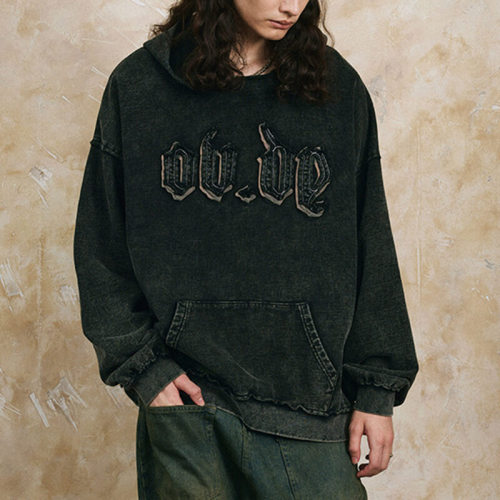 CUS2501H125 Vintage Washed Appliqued Embroidered Printed Fleece Hoodie | Vintage Street Style | Custom Hoodies Manufacturer | 50 PCS MOQ