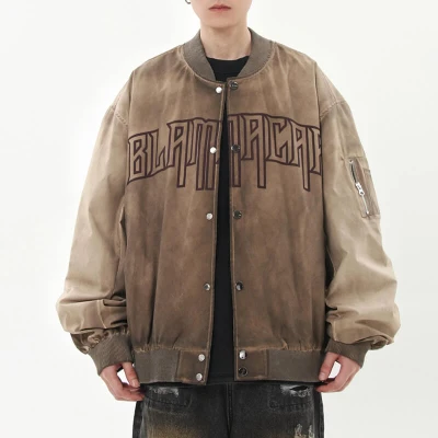 CUS2501EX-E2282 Old Wash Print Vintage Baseball Jacket | Vintage Street Style | Custom Hoodies Manufacturer | 50 PCS MOQ