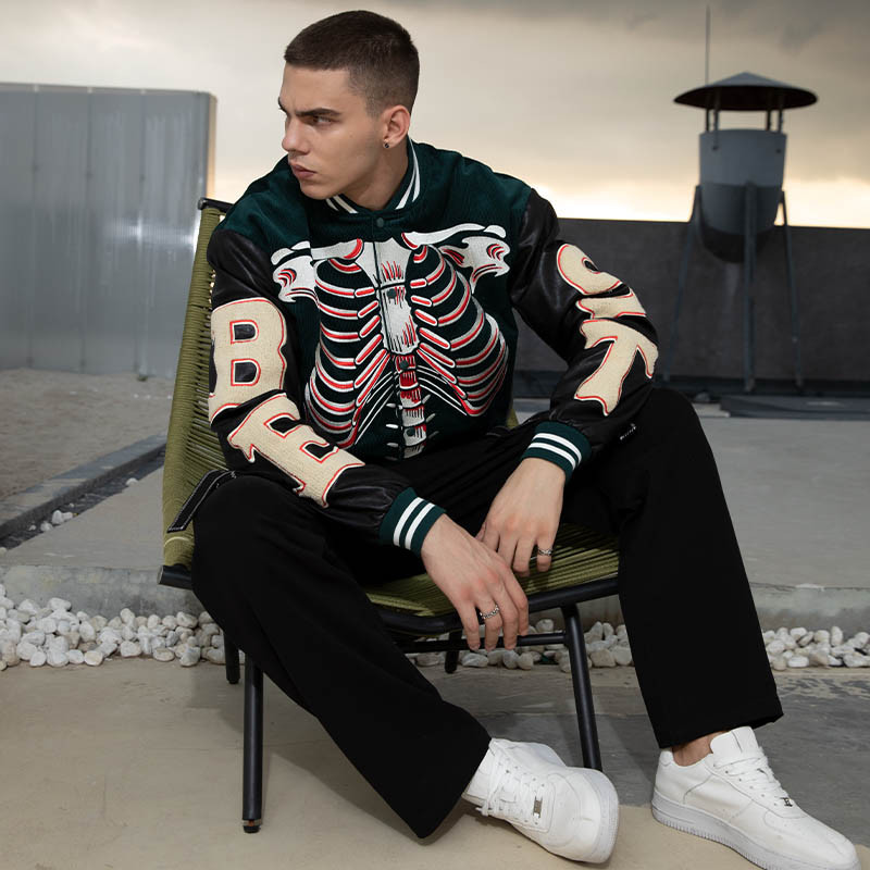 Skeleton Embroidered Corduroy Baseball Jacket