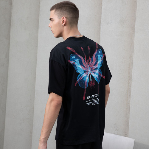 Butterfly & Spider Print Dark Street Oversized T-Shirts | Screen Print Graphic Cotton Dark Street Style T-shirts