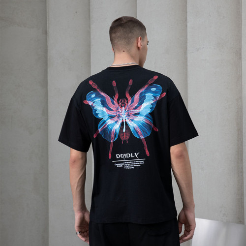 Butterfly & Spider Print Dark Street Oversized T-Shirts | Screen Print Graphic Cotton Dark Street Style T-shirts