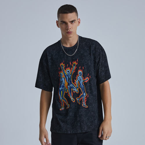 Washed Black Graphic T-shirt | Custom Skull T-shirts | Snow Washed, DTG, 100% Cotton | 50 PCS MOQ