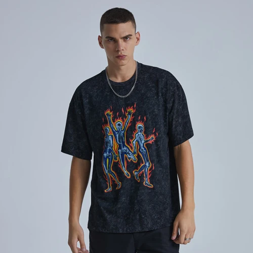 Washed Black Graphic T-shirt | Custom Skull T-shirts | Snow Washed, DTG, 100% Cotton | 50 PCS MOQ