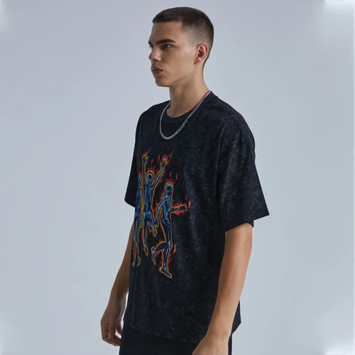 Washed Black Graphic T-shirt | Custom Skull T-shirts | Snow Washed, DTG, 100% Cotton | 50 PCS MOQ