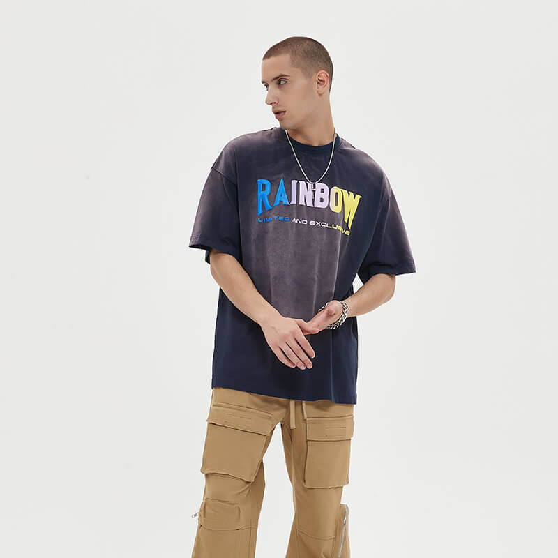 Partially Washed Gradient Puff Printing Monogram T-Shirt