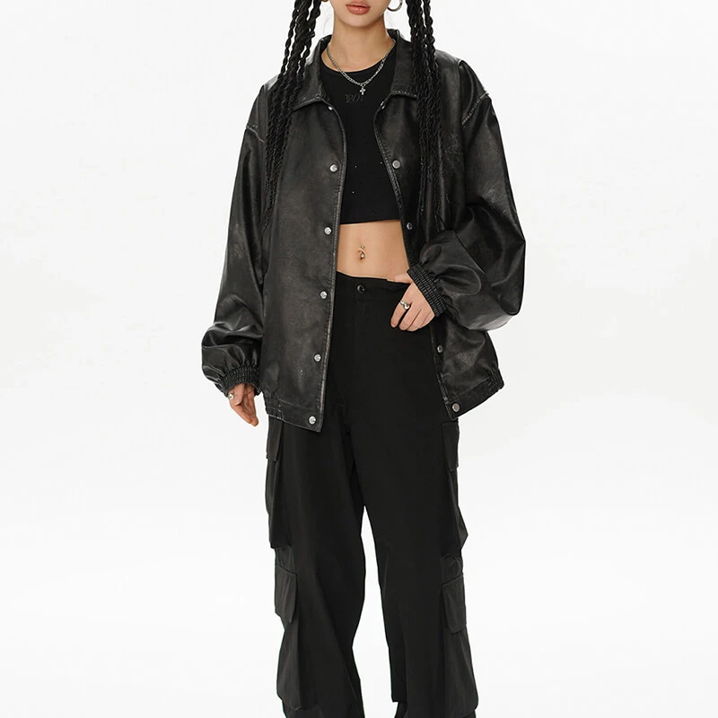 Vintage Washed and Polished PU Leather Coach Jacket