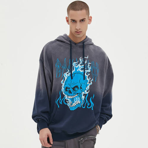 Half Washed Dark Skull Print Vintage Hoodie | Dark Street Style | Oversized Fit | 50 PCS MOQ