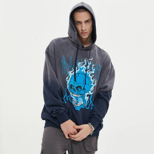 Half Washed Dark Skull Print Vintage Hoodie | Dark Street Style | Oversized Fit | 50 PCS MOQ