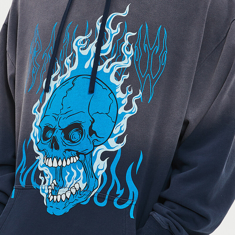 Half Washed Dark Skull Print Vintage Hoodie