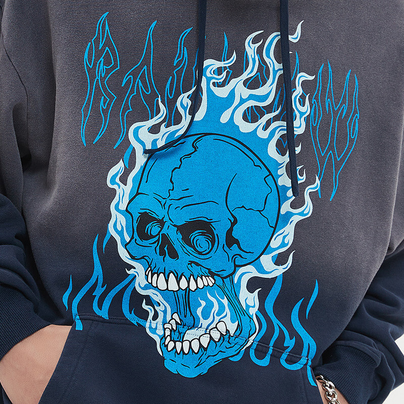 Half Washed Dark Skull Print Vintage Hoodie