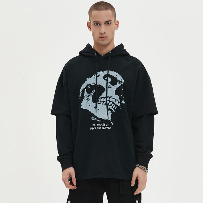 Custom Skull Pattern Fake Two Piece Dark Punk Hoodies | DTG | Oversized Long Sleeve Hooded Sweatshirts