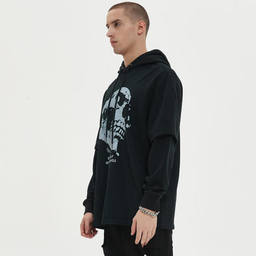 Custom Skull Pattern Fake Two Piece Dark Punk Hoodies | DTG | Oversized Long Sleeve Hooded Sweatshirts