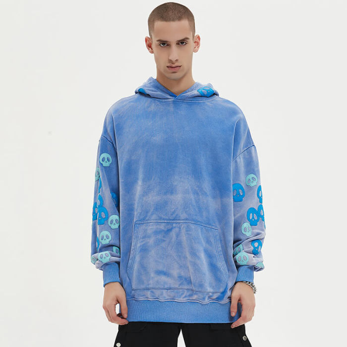 Original Design Blue Washed Leather Embroidered Hoodies | Sun Dried & Applique Patch | Support OEM