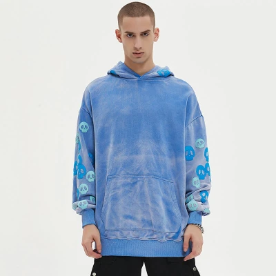 Blue Washed Leather Embroidered Hoodies | Sun Dried & Leather Applique Patch Hooded Sweatshirt