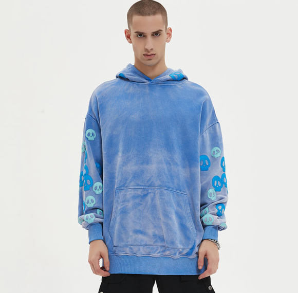 Original Design Blue Washed Leather Embroidered Hoodies | Sun Dried & Applique Patch | Support OEM