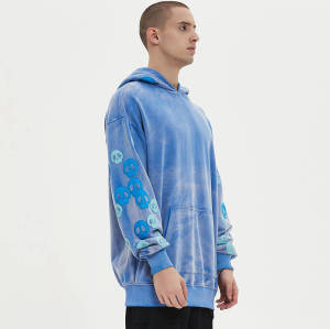 Blue Washed Leather Embroidered Hoodies | Sun Dried & Leather Applique Patch Hooded Sweatshirt