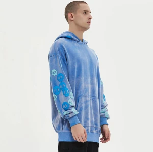 Original Design Blue Washed Leather Embroidered Hoodies | Sun Dried & Applique Patch | Support OEM