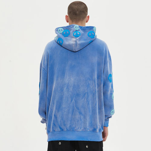 Blue Washed Leather Embroidered Hoodies | Dark Street Style | Oversized Fit | 50 PCS MOQ