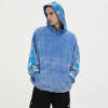 Blue Washed Leather Embroidered Hoodies | Sun Dried & Leather Applique Patch Hooded Sweatshirt