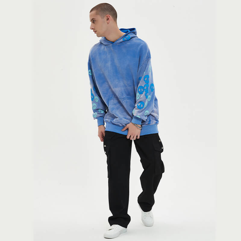 Blue Washed Leather Embroidered Hoodies