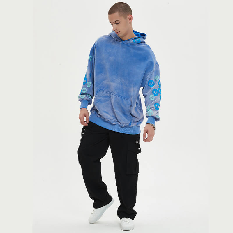 Blue Washed Leather Embroidered Hoodies