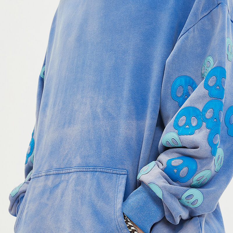 Blue Washed Leather Embroidered Hoodies