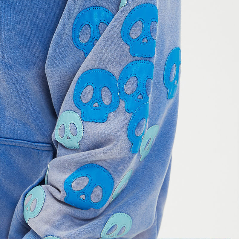 Blue Washed Leather Embroidered Hoodies