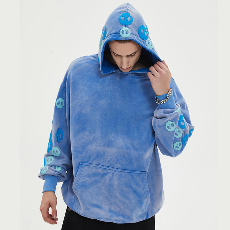 Blue Washed Leather Embroidered Hoodies