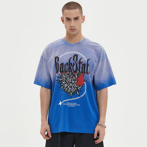 Blue Gradient Washed Heart Streetwear Printed T-shirts | Dark Street Style | Oversized Fit | 50 PCS MOQ