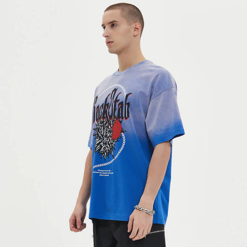 Blue Gradient Washed Heart Streetwear Printed T-shirts | Dark Street Style | Oversized Fit | 50 PCS MOQ