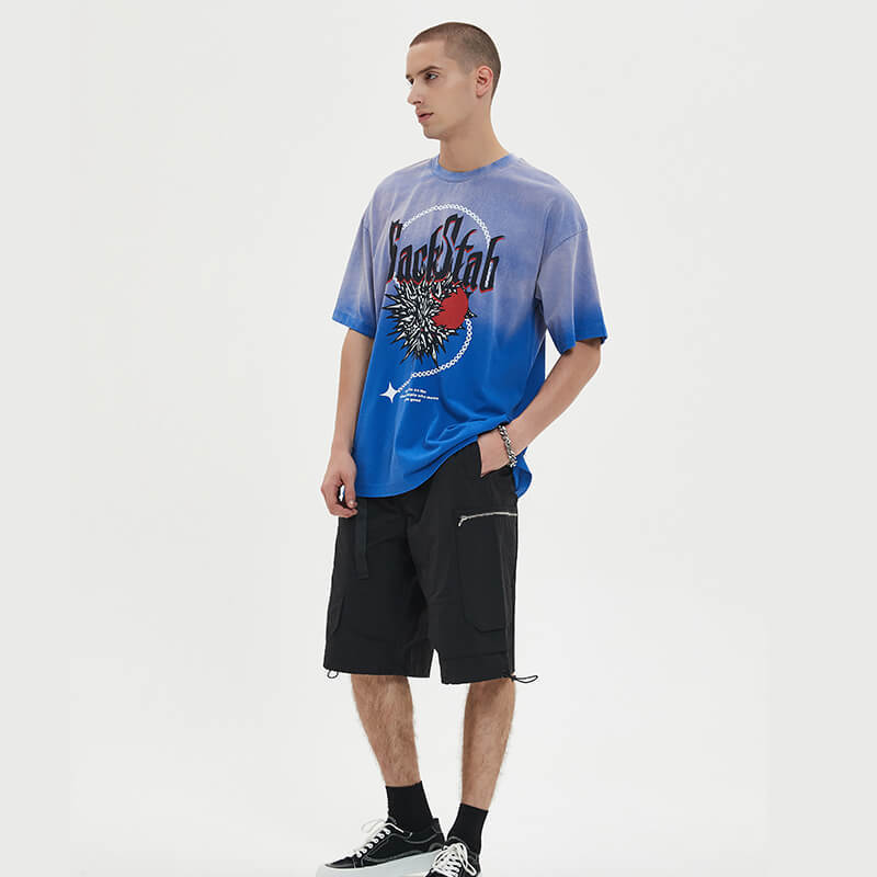 Blue Gradient Washed Heart Streetwear Printed T-shirts