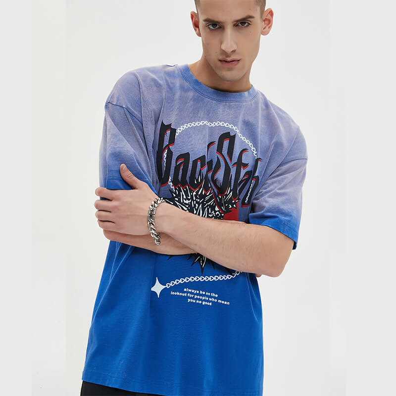 Blue Gradient Washed Heart Streetwear Printed T-shirts