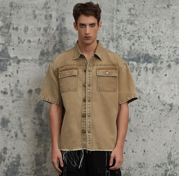 ORI240508 Vintage Washed Workwear Short Sleeve Denim Shirt | Vintage Street Style | Streetwear Shirts Manufacturer