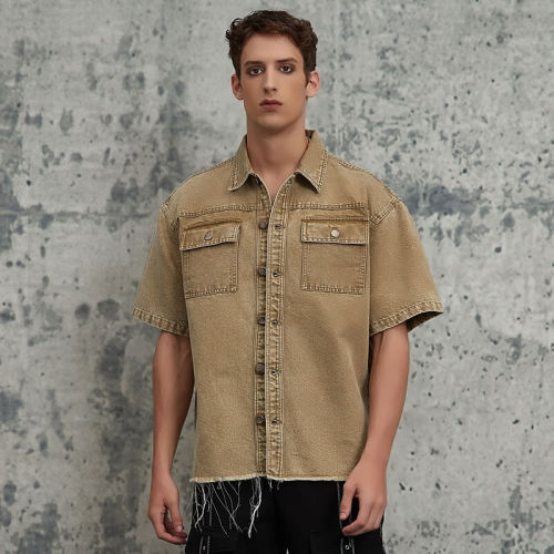 ORI240508 Vintage Washed Workwear Short Sleeve Denim Shirt | Vintage Street Style | Streetwear Shirts Manufacturer