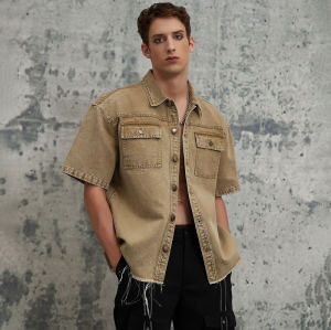 ORI240508 Vintage Washed Workwear Short Sleeve Denim Shirt | Vintage Street Style | Streetwear Shirts Manufacturer