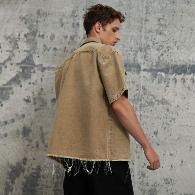 ORI240508 Vintage Washed Workwear Short Sleeve Denim Shirt | Vintage Street Style | Streetwear Shirts Manufacturer