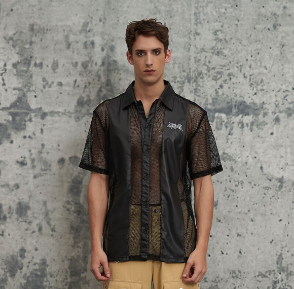 Touches Dark Original Design Punk Street Mesh Short Sleeve Shirts | Patchwork & Embroidery | Woven Fabric