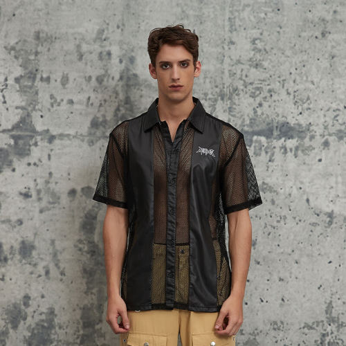 Touches Dark Original Design Punk Street Mesh Short Sleeve Shirts | Patchwork & Embroidery | Woven Fabric