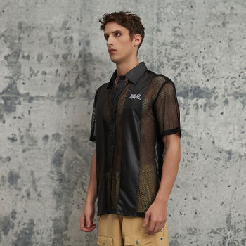 Touches Dark Original Design Punk Street Mesh Short Sleeve Shirts | Patchwork & Embroidery | Woven Fabric