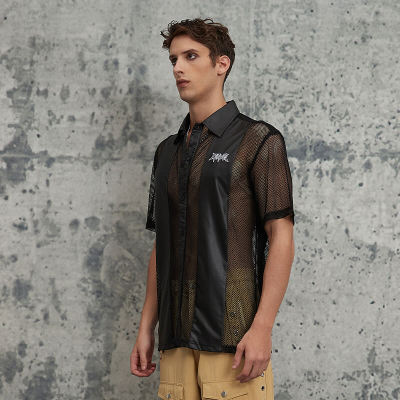 Touches Dark Original Design Punk Street Mesh Short Sleeve Shirts | Patchwork & Embroidery | Woven Fabric