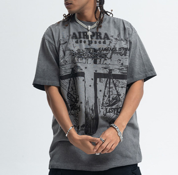 CUS2502VT0439 Anti-Fry Cross Print Short Sleeve T-Shirt | Dark Street Style | Streetwear T-shirts Manufacturer