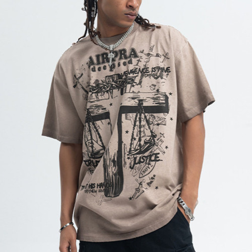 CUS2502VT0439 Anti-Fry Cross Print Kurzarm-T-Shirt | Dunkler Streetstyle | Hersteller von Streetwear-T-Shirts