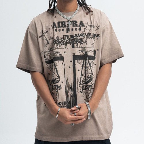 CUS2502VT0439 Anti-Fry Cross Print Short Sleeve T-Shirt | Dark Street Style | Streetwear T-shirts Manufacturer