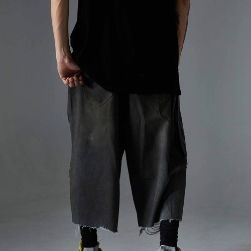 Custom Unique Streetwear Washed Cropped Trousers with Ripped Design and Wide Legs